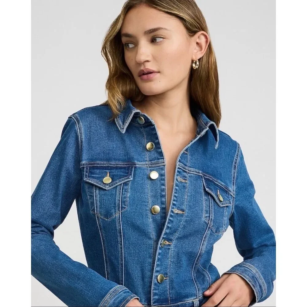Express Stretch Denim Long Sleeve Button Front Wide Leg Jumpsuit Blue L NEW - Picture 7 of 16